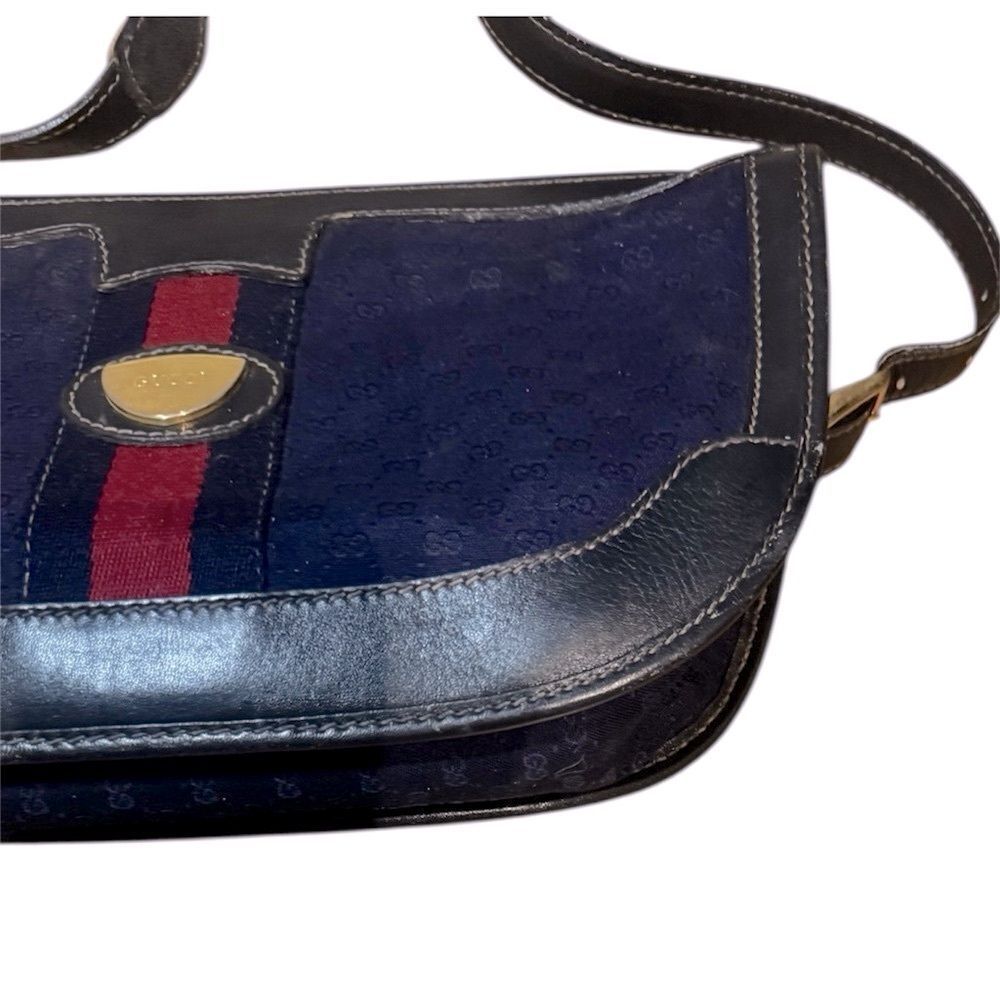 Gucci Vintage Navy Blue Canvas & Leather Sherry Line Messenger Bag Monogram Auth - Picture 5 of 9